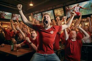 opgewonden Engeland Amerikaans voetbal fans juichen voor hun team gedurende een spel Bij stadion. ai gegenereerd pro foto