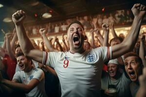 opgewonden Engeland Amerikaans voetbal fans juichen voor hun team gedurende een spel Bij stadion. ai gegenereerd pro foto