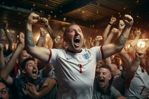 opgewonden Engeland Amerikaans voetbal fans juichen voor hun team gedurende een spel Bij stadion. ai gegenereerd pro foto