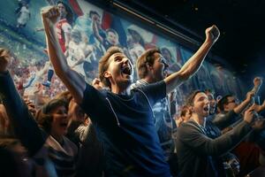 opgewonden Frankrijk Amerikaans voetbal fans juichen voor hun team gedurende een spel Bij stadion. ai gegenereerd pro foto