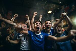 opgewonden Frankrijk Amerikaans voetbal fans juichen voor hun team gedurende een spel Bij stadion. ai gegenereerd pro foto