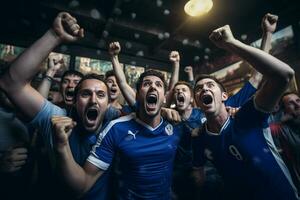 opgewonden Frankrijk Amerikaans voetbal fans juichen voor hun team gedurende een spel Bij stadion. ai gegenereerd pro foto