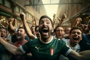 opgewonden Italië Amerikaans voetbal fans juichen voor hun team gedurende een spel Bij stadion. ai gegenereerd pro foto