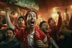 opgewonden Marokko Amerikaans voetbal fans juichen voor hun team gedurende een spel Bij stadion. ai gegenereerd pro foto