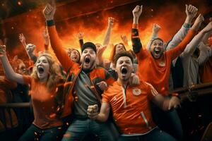 opgewonden Nederland Amerikaans voetbal fans juichen voor hun team gedurende een spel Bij stadion. ai gegenereerd pro foto