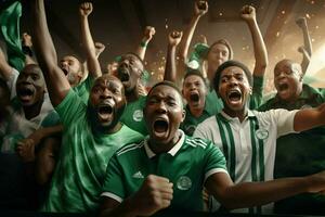 opgewonden Nigeria Amerikaans voetbal fans juichen voor hun team gedurende een spel Bij stadion. ai gegenereerd pro foto