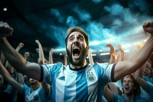 opgewonden Argentinië Amerikaans voetbal fans juichen voor hun team gedurende een spel Bij stadion. ai gegenereerd pro foto