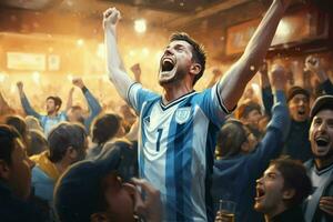 opgewonden Argentinië Amerikaans voetbal fans juichen voor hun team gedurende een spel Bij stadion. ai gegenereerd pro foto