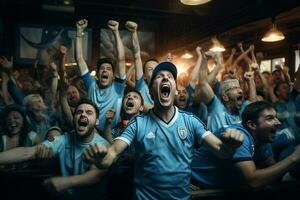 opgewonden Argentinië Amerikaans voetbal fans juichen voor hun team gedurende een spel Bij stadion. ai gegenereerd pro foto