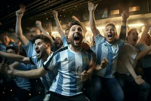 opgewonden Argentinië Amerikaans voetbal fans juichen voor hun team gedurende een spel Bij stadion. ai gegenereerd pro foto