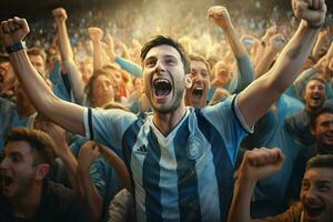 opgewonden Argentinië Amerikaans voetbal fans juichen voor hun team gedurende een spel Bij stadion. ai gegenereerd pro foto