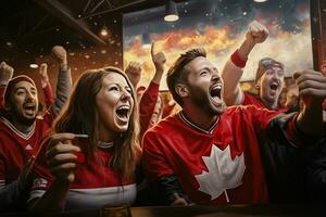 opgewonden Canada Amerikaans voetbal fans juichen voor hun team gedurende een spel Bij stadion. ai gegenereerd pro foto