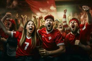 opgewonden Canada Amerikaans voetbal fans juichen voor hun team gedurende een spel Bij stadion. ai gegenereerd pro foto