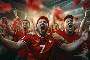 opgewonden Canada Amerikaans voetbal fans juichen voor hun team gedurende een spel Bij stadion. ai gegenereerd pro foto