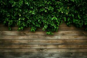 houten muur gedekt met groen bladeren. natuurlijk achtergrond voor ontwerp. ai gegenereerd pro foto