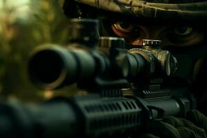 detailopname van een soldaat met aanval geweer. selectief focus. ai gegenereerd pro foto