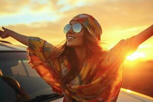gelukkig jong vrouw met armen uitgestrekt staand in converteerbaar auto Bij zonsondergang. ai gegenereerd pro foto