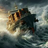 lading schip in stormachtig zee. 3d geven illustratie. ai gegenereerd pro foto