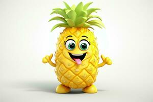 3d illustratie van ananas tekenfilm karakter met gelukkig uitdrukking Aan wit achtergrond. ai gegenereerd pro foto