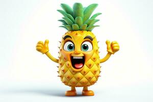 3d illustratie van ananas tekenfilm karakter met gelukkig uitdrukking Aan wit achtergrond. ai gegenereerd pro foto