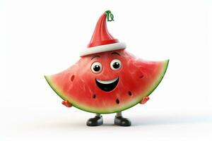 grappig watermeloen karakter met groen hoed Aan wit achtergrond. vector illustratie. ai gegenereerd pro foto