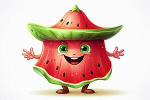 grappig watermeloen karakter met groen hoed Aan wit achtergrond. vector illustratie. ai gegenereerd pro foto