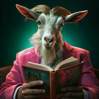 portret van een geit lezing een boek. schot in een studio. ai gegenereerd pro foto