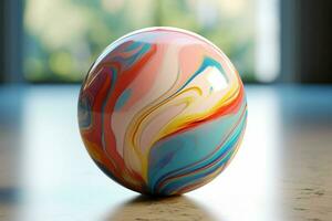 3d geven van een abstract kleurrijk marmeren bal Aan een houten tafel. ai gegenereerd pro foto
