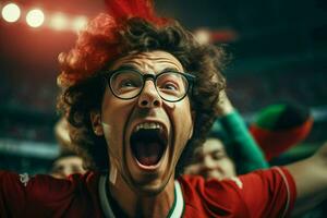 een gek Portugees Amerikaans voetbal supporter viert. ai gegenereerd pro foto