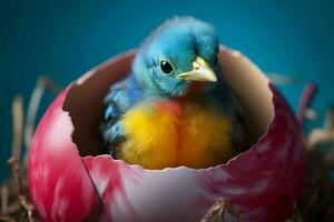 kleurrijk baby vogel in een ei schelp. ai gegenereerd pro foto