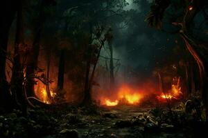 brand in de Woud, brandend bomen en struiken in de achtergrond. ai gegenereerd pro foto
