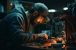 klusjesman repareren elektronisch stroomkring bord in de werkplaats Bij nacht. ai gegenereerd pro foto