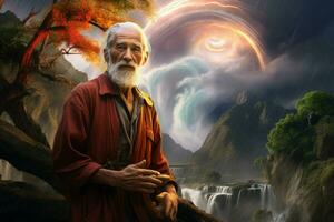 portret van een oud Mens met een lang wit baard in een rood gewaad tegen de achtergrond van een mooi waterval. ai gegenereerd pro foto