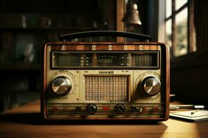 wijnoogst radio Aan een houten tafel in de interieur van de kamer, wijnoogst stijl. retro radio. ai gegenereerd pro foto