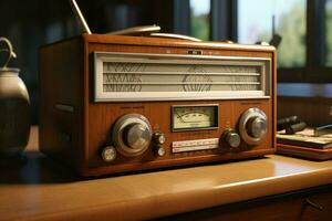 wijnoogst radio Aan een houten tafel in de interieur van de kamer, wijnoogst stijl. retro radio. ai gegenereerd pro foto