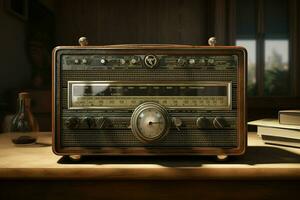 wijnoogst radio Aan een houten tafel in de interieur van de kamer, wijnoogst stijl. retro radio. ai gegenereerd pro foto