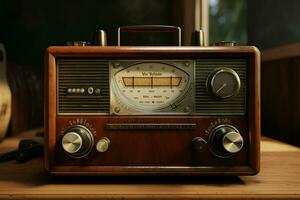 wijnoogst radio Aan een houten tafel in de interieur van de kamer, wijnoogst stijl. retro radio. ai gegenereerd pro foto