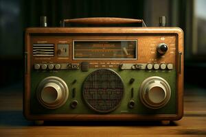 wijnoogst radio Aan een houten tafel in de interieur van de kamer, wijnoogst stijl. retro radio. ai gegenereerd pro foto