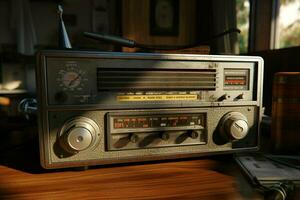 wijnoogst radio Aan een houten tafel in de interieur van de kamer, wijnoogst stijl. retro radio. ai gegenereerd pro foto