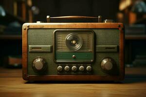 wijnoogst radio Aan een houten tafel in de interieur van de kamer, wijnoogst stijl. retro radio. ai gegenereerd pro foto