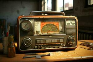 wijnoogst radio Aan een houten tafel in de interieur van de kamer, wijnoogst stijl. retro radio. ai gegenereerd pro foto