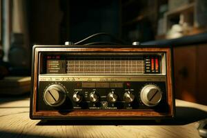 wijnoogst radio Aan een houten tafel in de interieur van de kamer, wijnoogst stijl. retro radio. ai gegenereerd pro foto