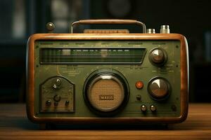 wijnoogst radio Aan een houten tafel in de interieur van de kamer, wijnoogst stijl. retro radio. ai gegenereerd pro foto