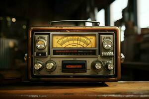 wijnoogst radio Aan een houten tafel in de interieur van de kamer, wijnoogst stijl. retro radio. ai gegenereerd pro foto