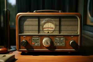 wijnoogst radio Aan een houten tafel in de interieur van de kamer, wijnoogst stijl. retro radio. ai gegenereerd pro foto