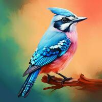blauw gaai vogel Aan een Afdeling met kleurrijk achtergrond. ai gegenereerd pro foto