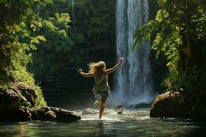 gelukkig jong vrouw jumping in de water van een waterval in de oerwoud. ai gegenereerd pro foto
