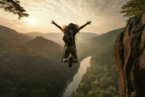 jong vrouw wandelaar jumping over- klif in de nevelig vallei Bij zonsopkomst. ai gegenereerd pro foto