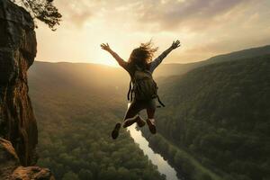 jong vrouw wandelaar jumping over- klif in de nevelig vallei Bij zonsopkomst. ai gegenereerd pro foto