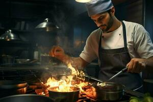 chef Koken voedsel in keuken Bij restaurant. portret van knap gebaard chef Koken voedsel in restaurant. ai gegenereerd pro foto